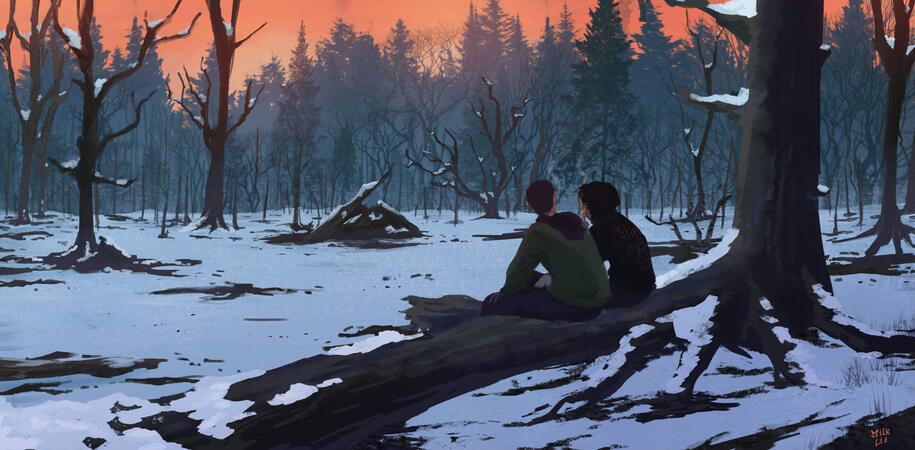 Brothers in a snowy forest
